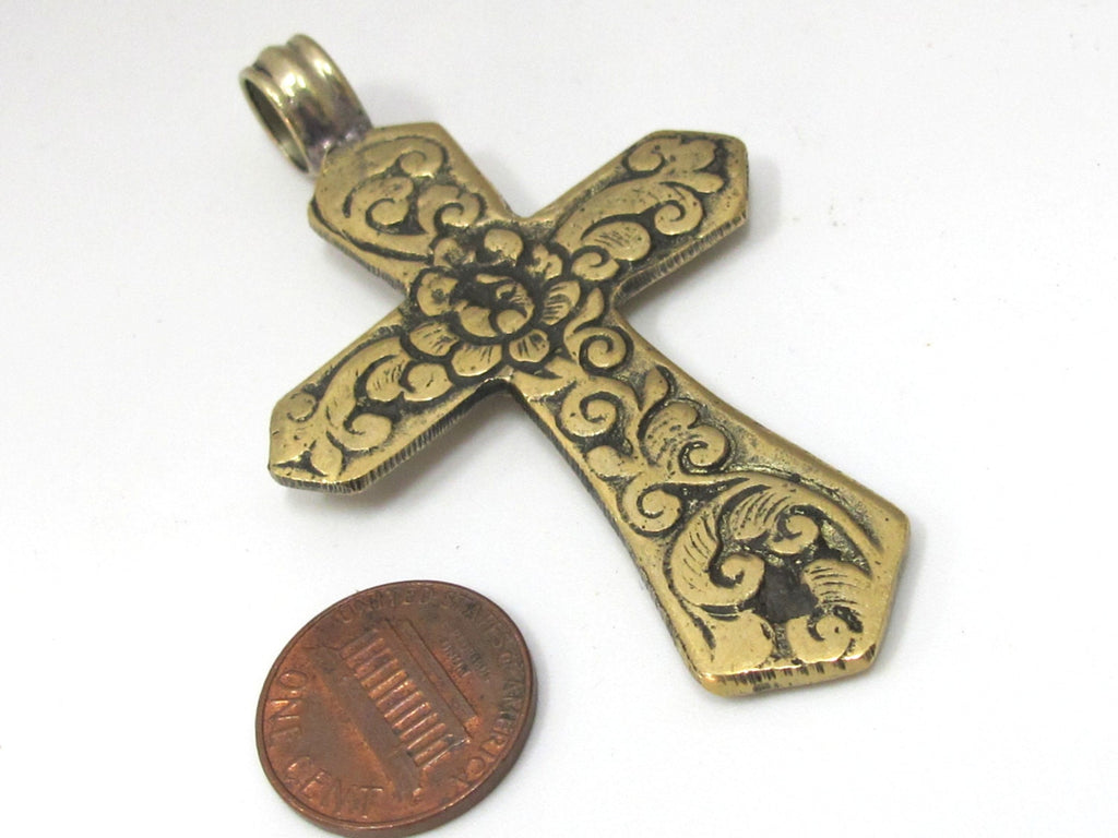 Reversible Tibetan Brass floral repousse cross Pendant with turquoise inlay - PM480
