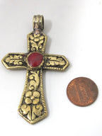 Gorgeous Cross pendant solid brass - Reversible Tibetan Brass floral repousse cross Pendant with inlay - PM481