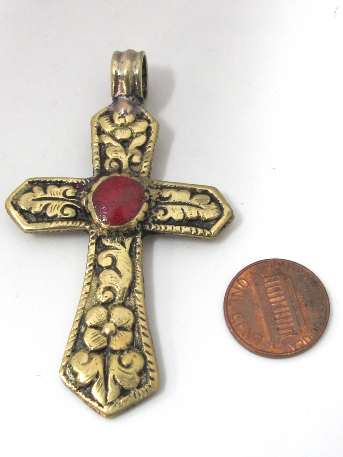 Gorgeous Cross pendant solid brass - Reversible Tibetan Brass floral repousse cross Pendant with inlay - PM481