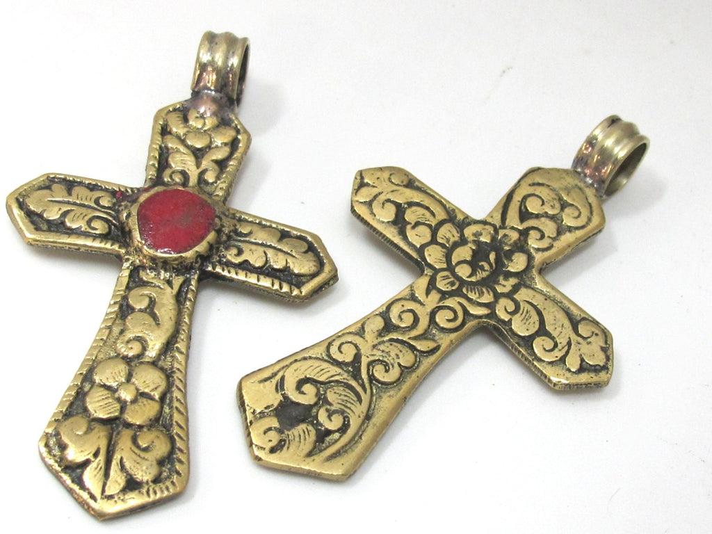 Gorgeous Cross pendant solid brass - Reversible Tibetan Brass floral repousse cross Pendant with inlay - PM481