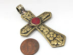Gorgeous Cross pendant solid brass - Reversible Tibetan Brass floral repousse cross Pendant with inlay - PM481