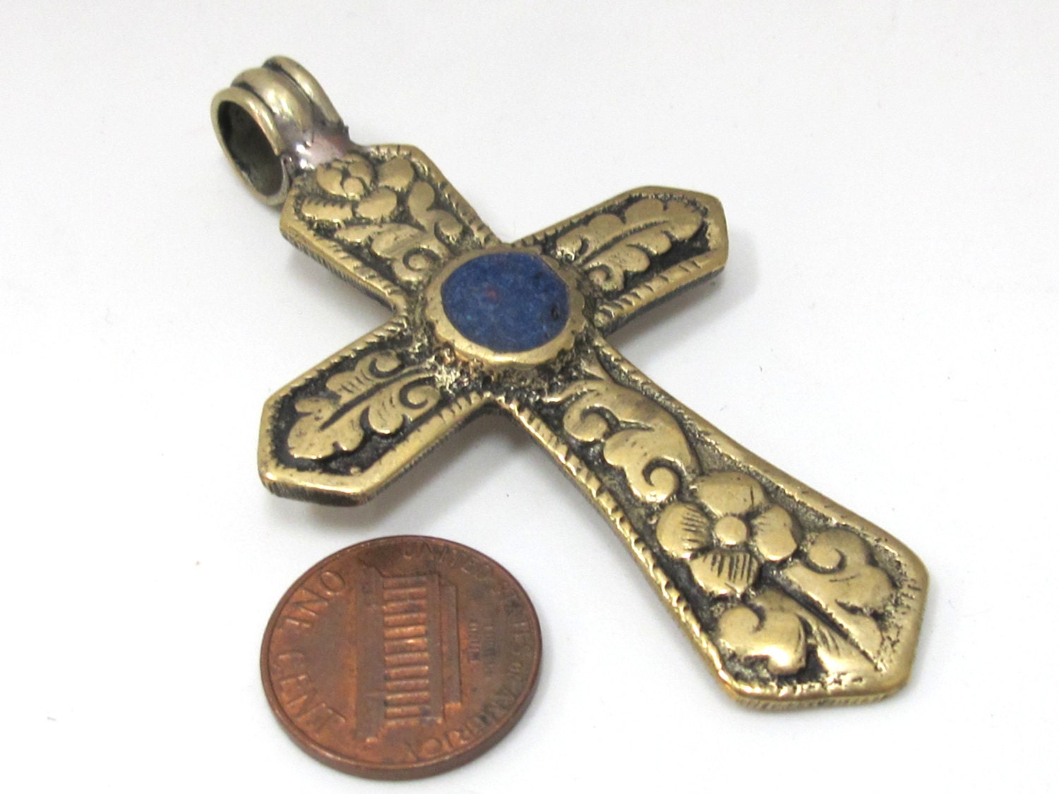 Reversible Tibetan Brass floral repousse cross Pendant with lapis inlay nepalbeadshop - PM482