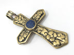 Reversible Tibetan Brass floral repousse cross Pendant with lapis inlay nepalbeadshop - PM482