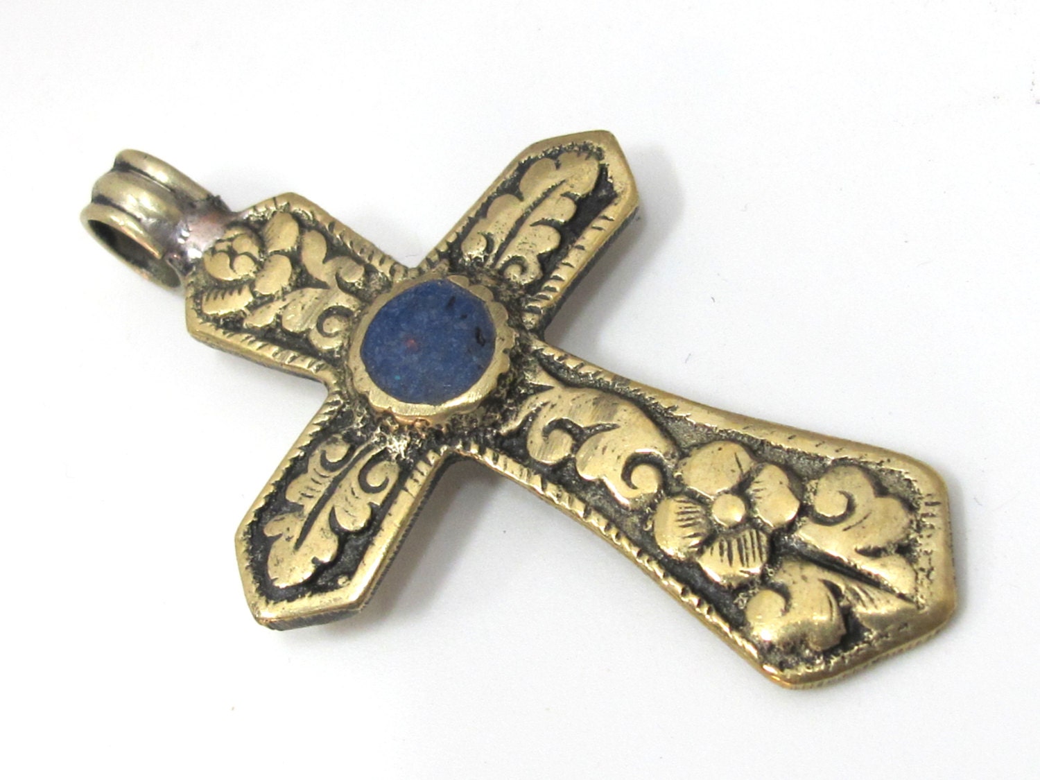 Reversible Tibetan Brass floral repousse cross Pendant with lapis inlay nepalbeadshop - PM482
