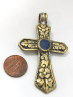 Reversible Tibetan Brass floral repousse cross Pendant with lapis inlay nepalbeadshop - PM482