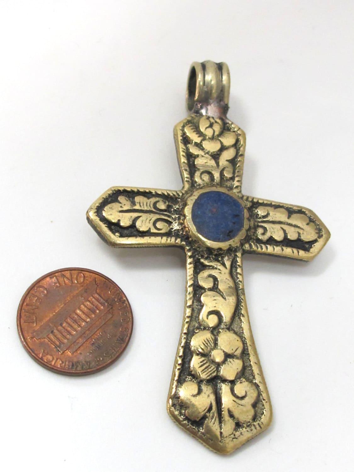 Reversible Tibetan Brass floral repousse cross Pendant with lapis inlay nepalbeadshop - PM482