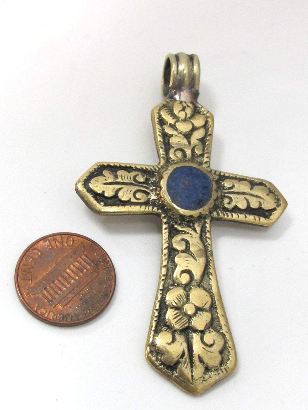 Reversible Tibetan Brass floral repousse cross Pendant with lapis inlay nepalbeadshop - PM482