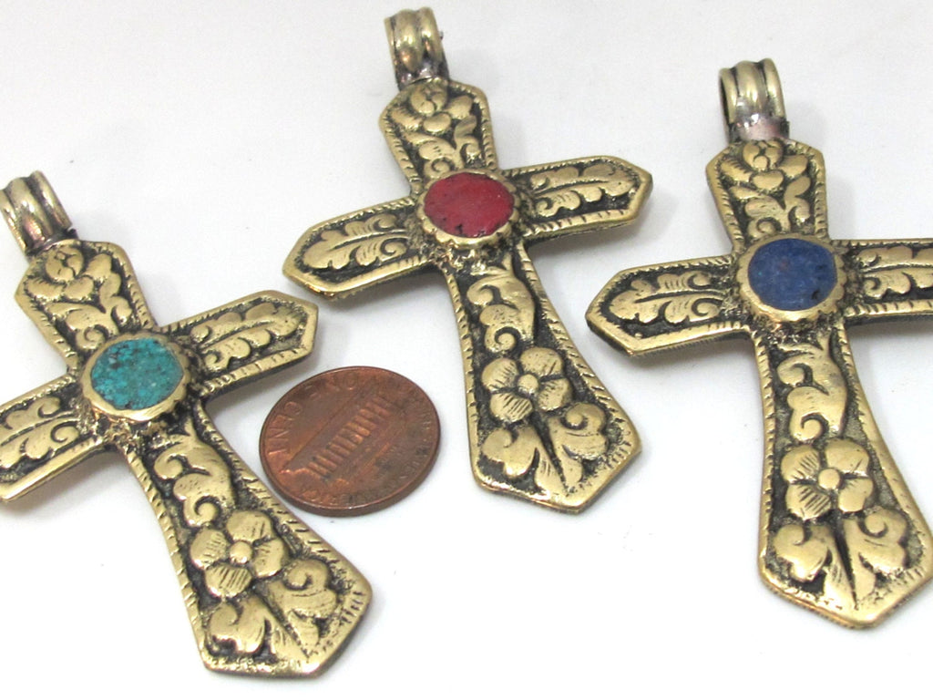 Gorgeous solid brass set of 3 cross Pendants - Ethnic tibetan brass cross reversible floral carving pendant with inlays from Nepal - PM483