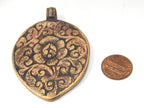 1 Pendant - Large Leaf shape reversible Tibetan flower carved copper pendant - CP115