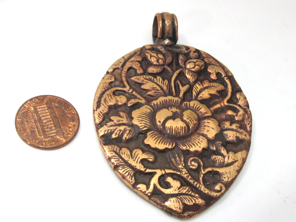 1 Pendant - Large Leaf shape reversible Tibetan flower carved copper pendant - CP115