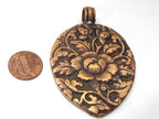 1 Pendant - Large Leaf shape reversible Tibetan flower carved copper pendant - CP115