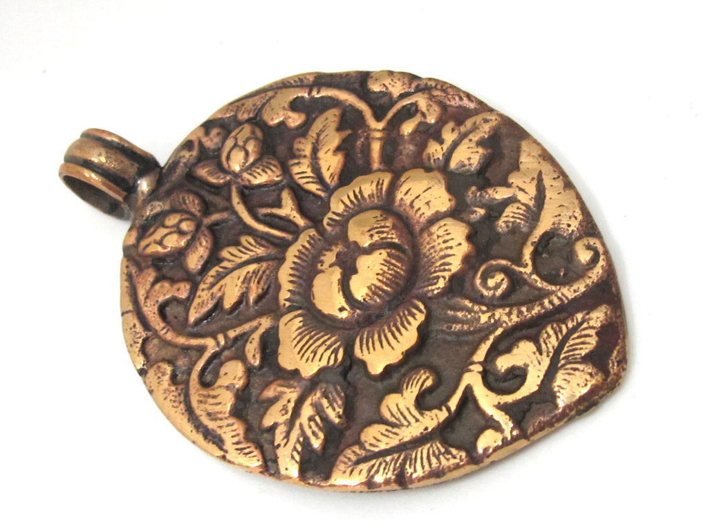 1 Pendant - Large Leaf shape reversible Tibetan flower carved copper pendant - CP115