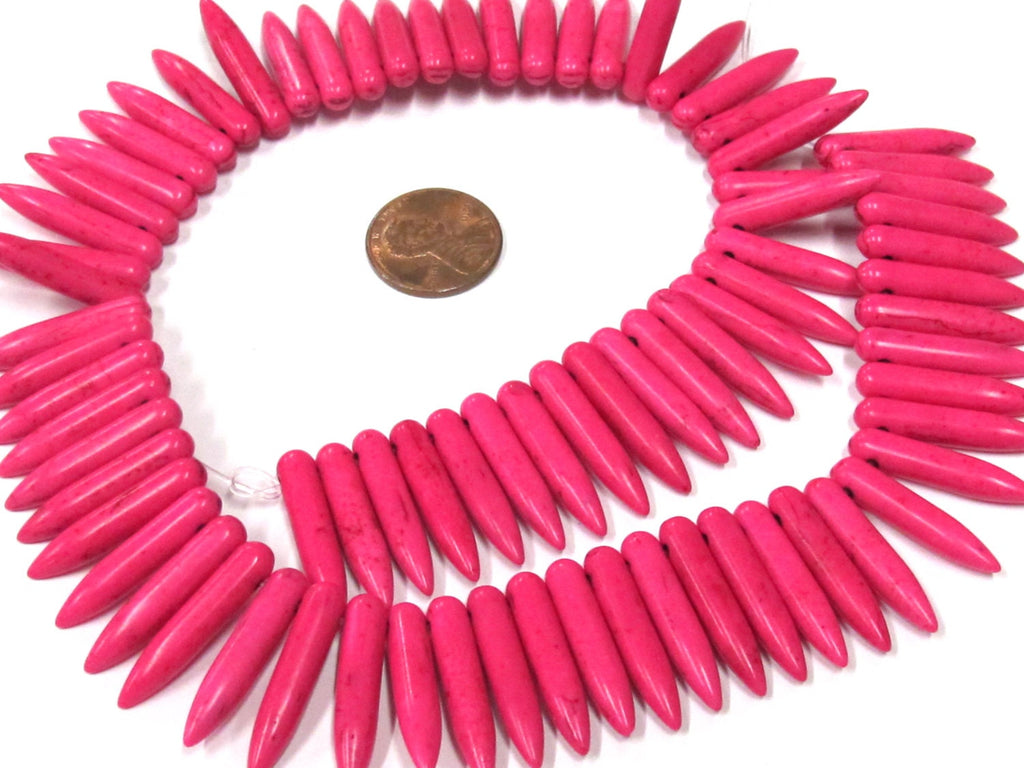 Full strand - Hot Pink magnesite gemstone spike stick beads 25 mm x 5 mm - GM356