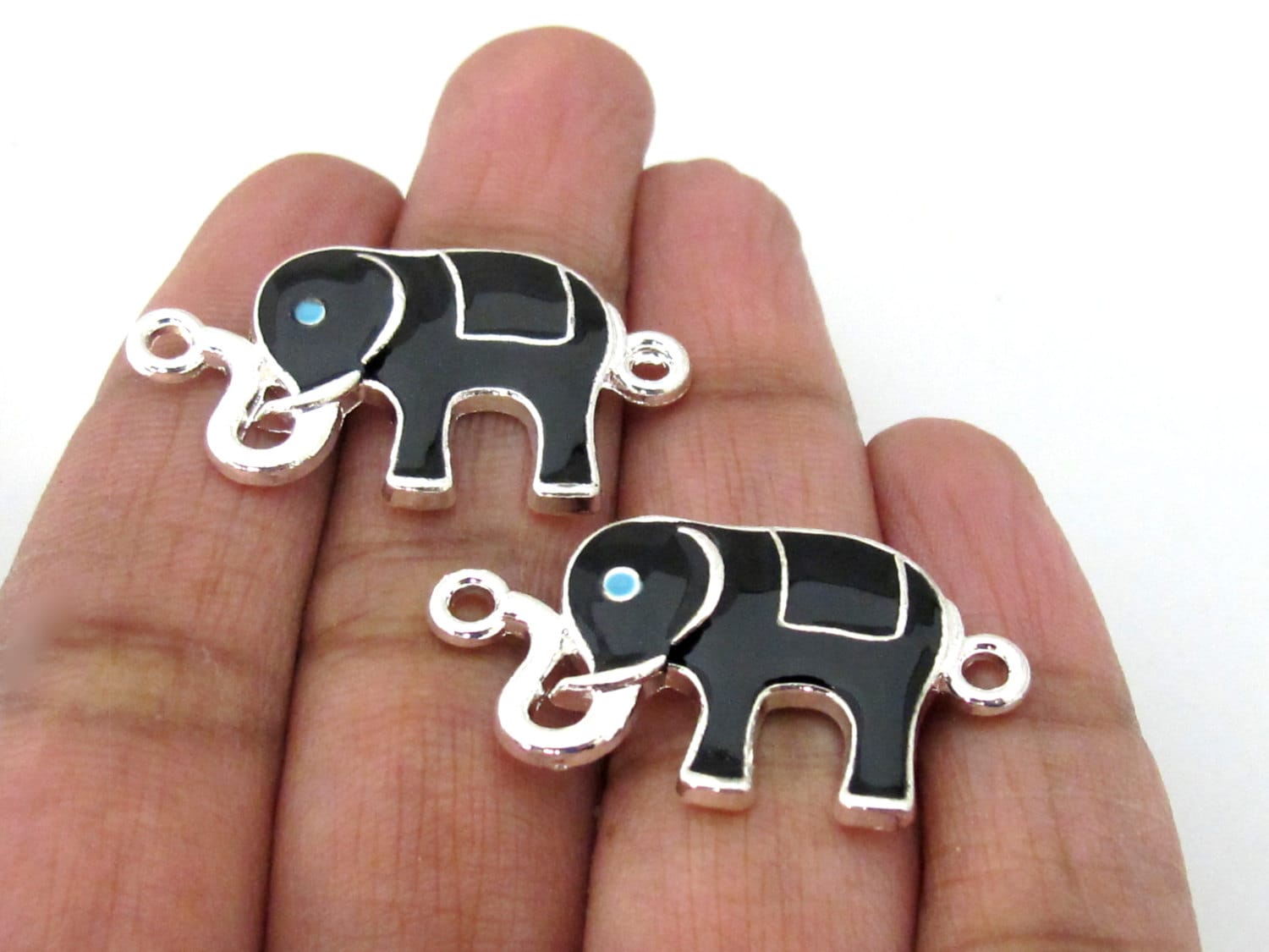 2 connector charms - Black color enamel inlaid Elephant connector bracelet supply - BD911