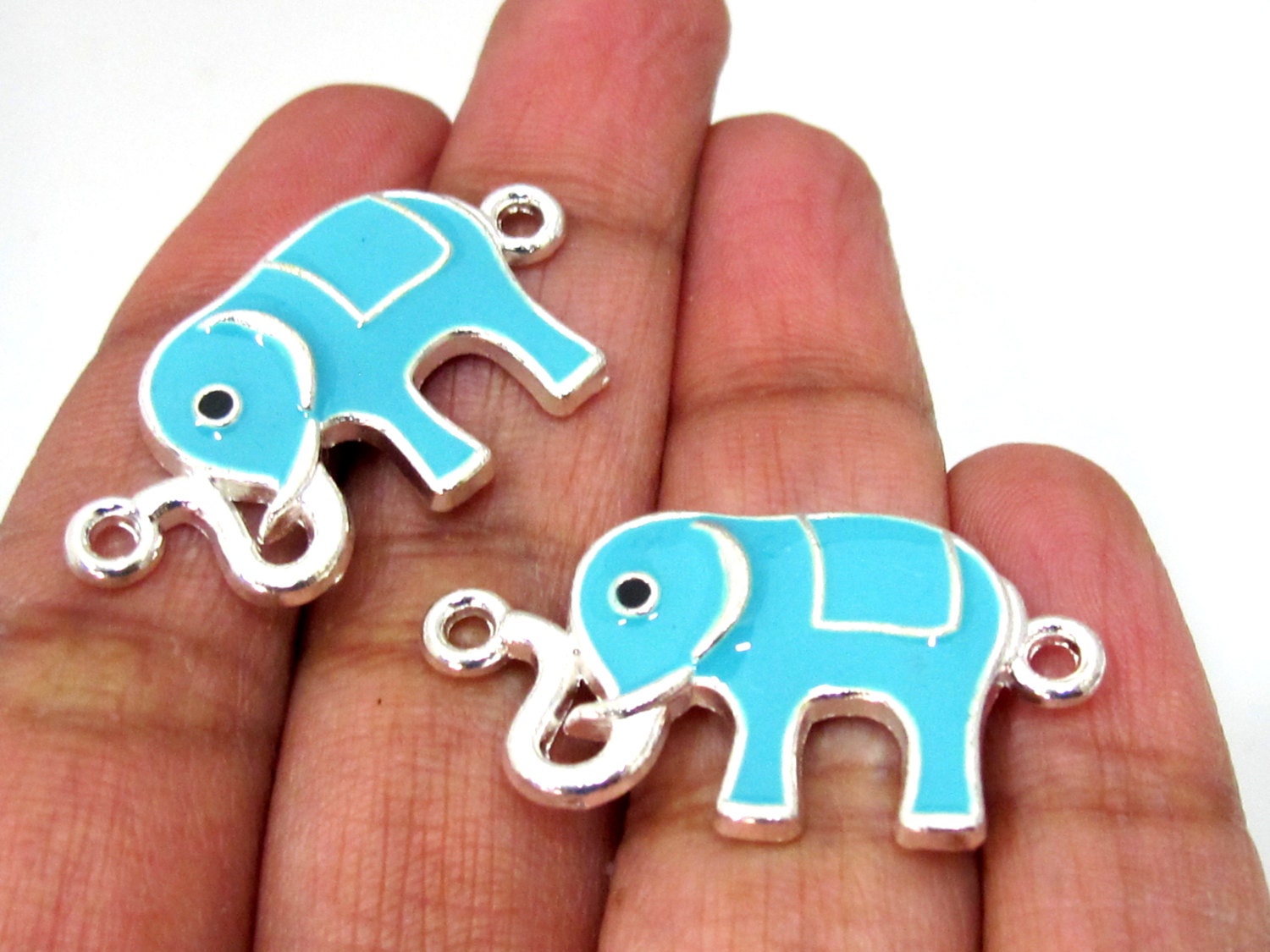 2 connector charms - Aqua blue color enamel inlaid Elephant connector bracelet supply - BD910