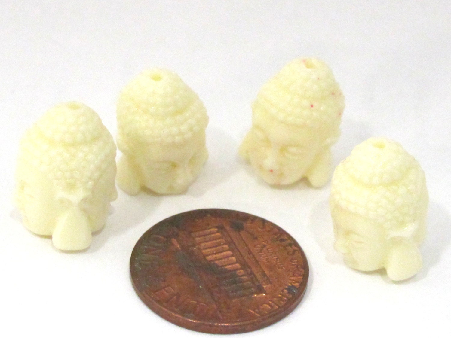 2 BEADS - Cream white color resin Dual sided Buddha face pendant bead 15 mm x 11 mm - BD749C