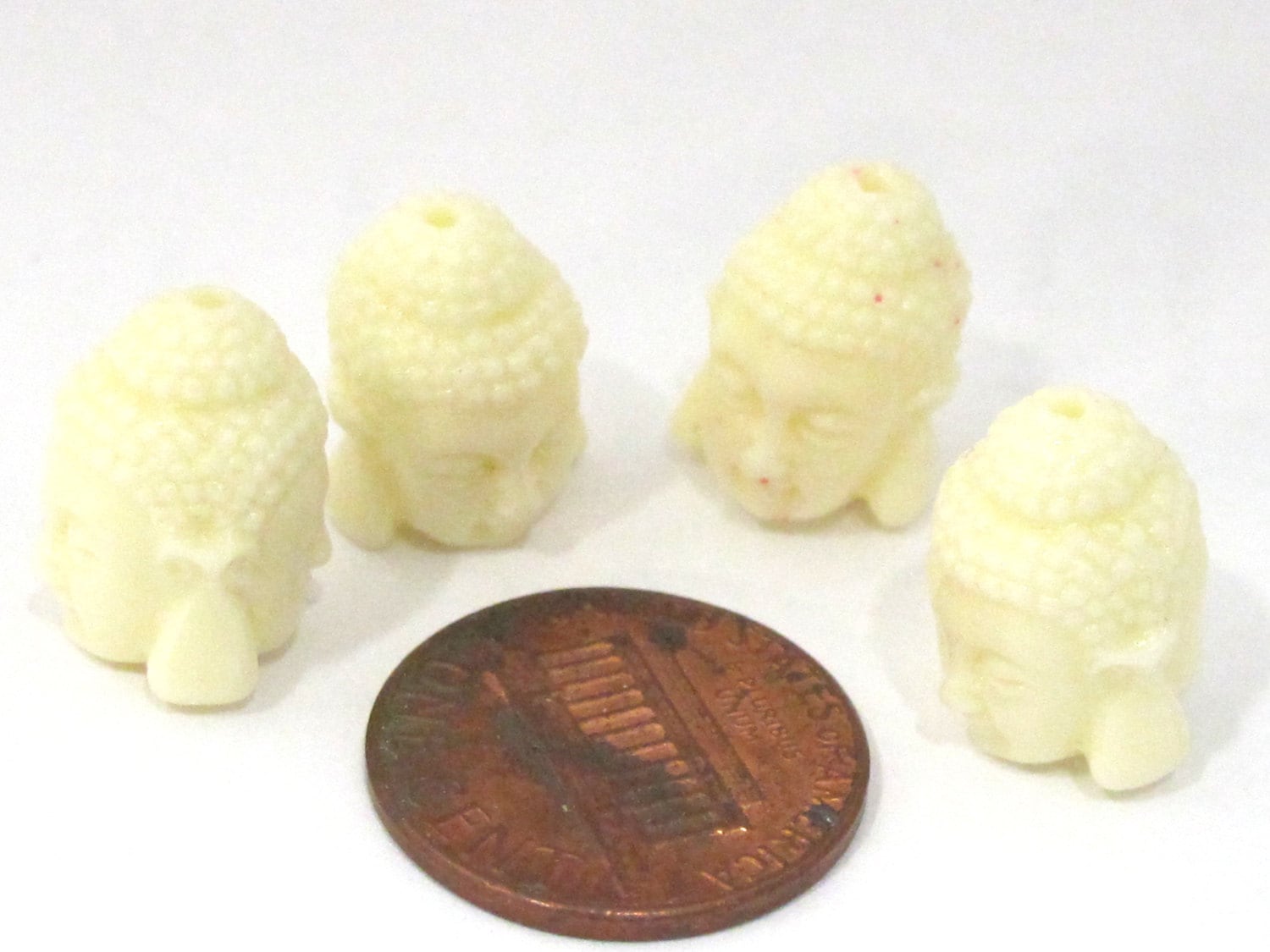 2 BEADS - Cream white color resin Dual sided Buddha face pendant bead 15 mm x 11 mm - BD749C