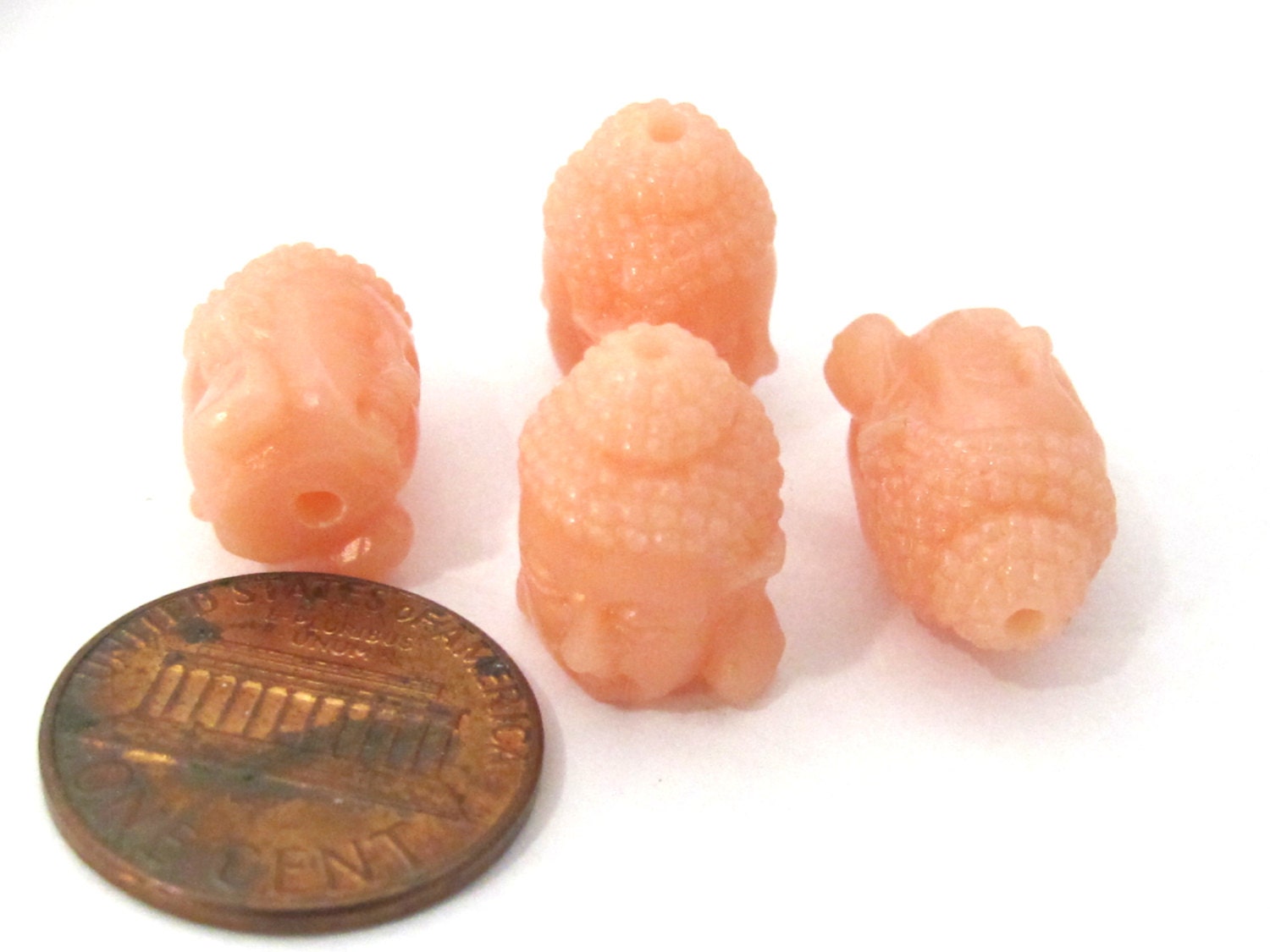 2 BEADS - Salmon pink color resin Dual sided Buddha face pendant bead 15 mm x 11 mm - BD749E