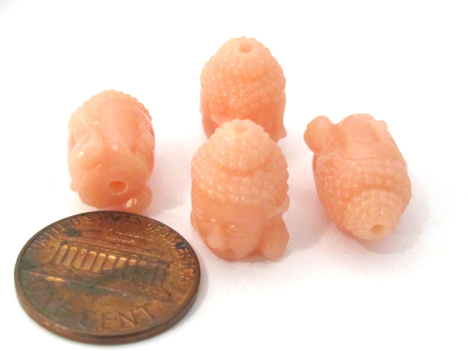 2 BEADS - Salmon pink color resin Dual sided Buddha face pendant bead 15 mm x 11 mm - BD749E