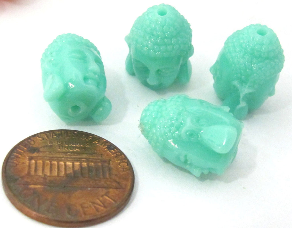 2 BEADS - Aqua green blue resin Dual sided Buddha face pendant bead 15 mm x 11 mm - BD749G