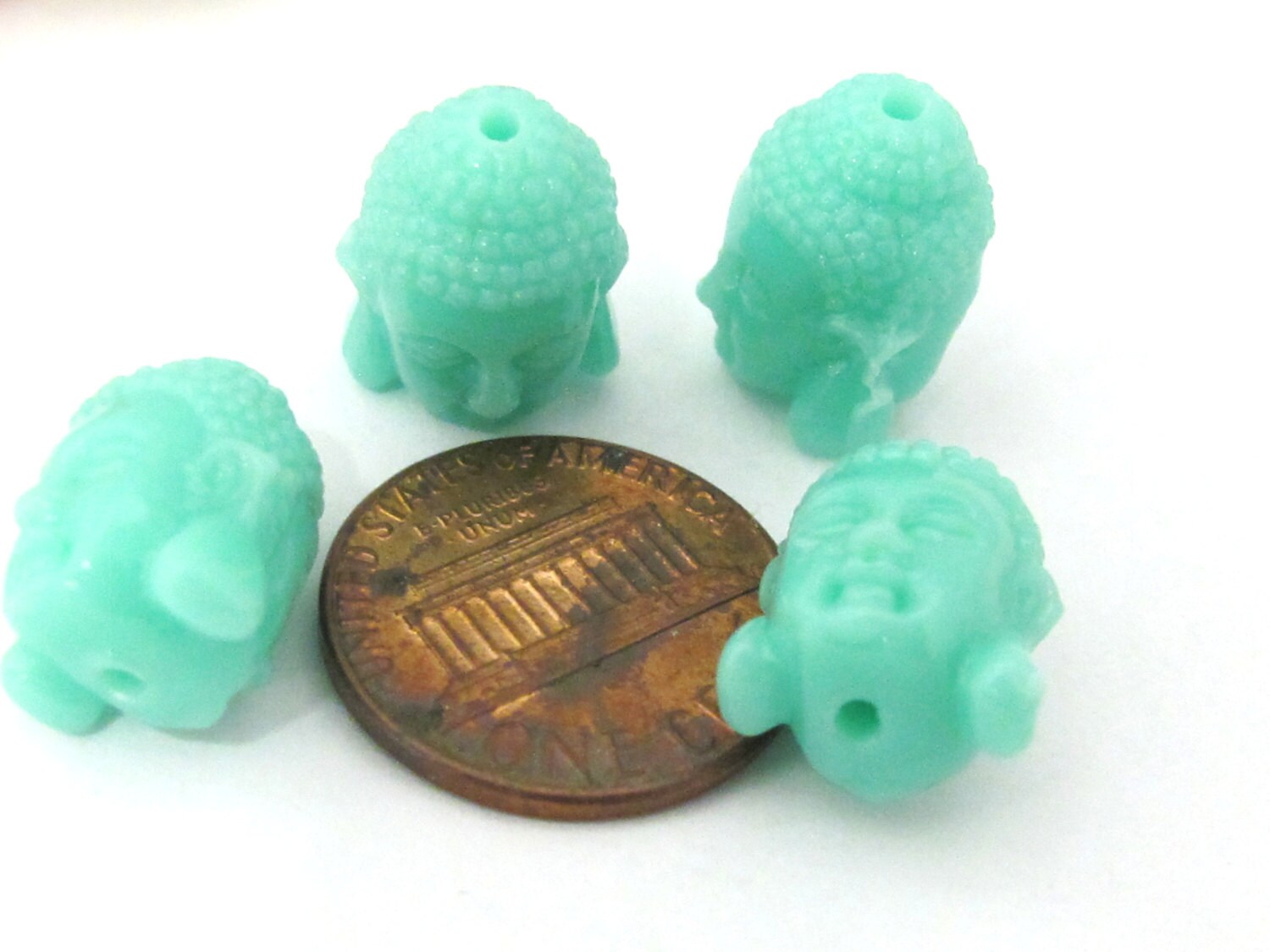 2 BEADS - Aqua green blue resin Dual sided Buddha face pendant bead 15 mm x 11 mm - BD749G