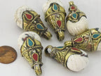 1 Pendant - Nepalese Brass capped naga conch shell drop pendant with turquoise coral inlay - PM487
