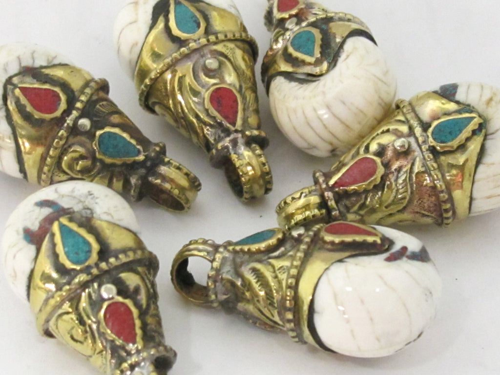 1 Pendant - Nepalese Brass capped naga conch shell drop pendant with turquoise coral inlay - PM487