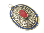 2 pieces - Large oval disc shape Tibetan silver flower carved charms with lapis coral inlay- PM493A