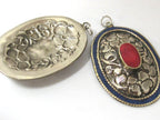 2 pieces - Large oval disc shape Tibetan silver flower carved charms with lapis coral inlay- PM493A