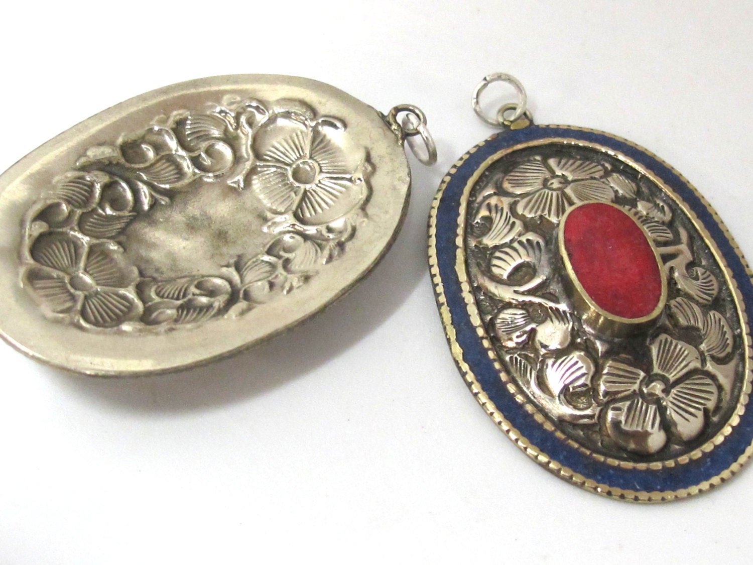 2 pieces - Large oval disc shape Tibetan silver flower carved charms with lapis coral inlay- PM493A