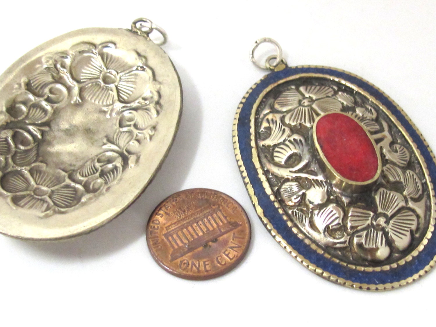 2 pieces - Large oval disc shape Tibetan silver flower carved charms with lapis coral inlay- PM493A
