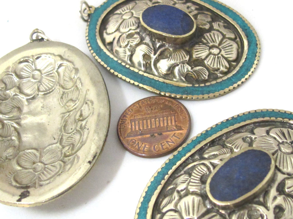 2 pieces - Large oval disc shape Tibetan silver flower carved charms with lapis turquoise inlay- PM493B