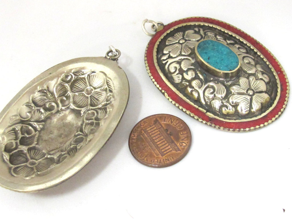 2 pieces - Large oval disc shape Tibetan silver flower carved charms with turquoise coral inlay- PM493C