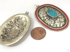 2 pieces - Large oval disc shape Tibetan silver flower carved charms with turquoise coral inlay- PM493C