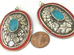 2 pieces - Large oval disc shape Tibetan silver flower carved charms with turquoise coral inlay- PM493C