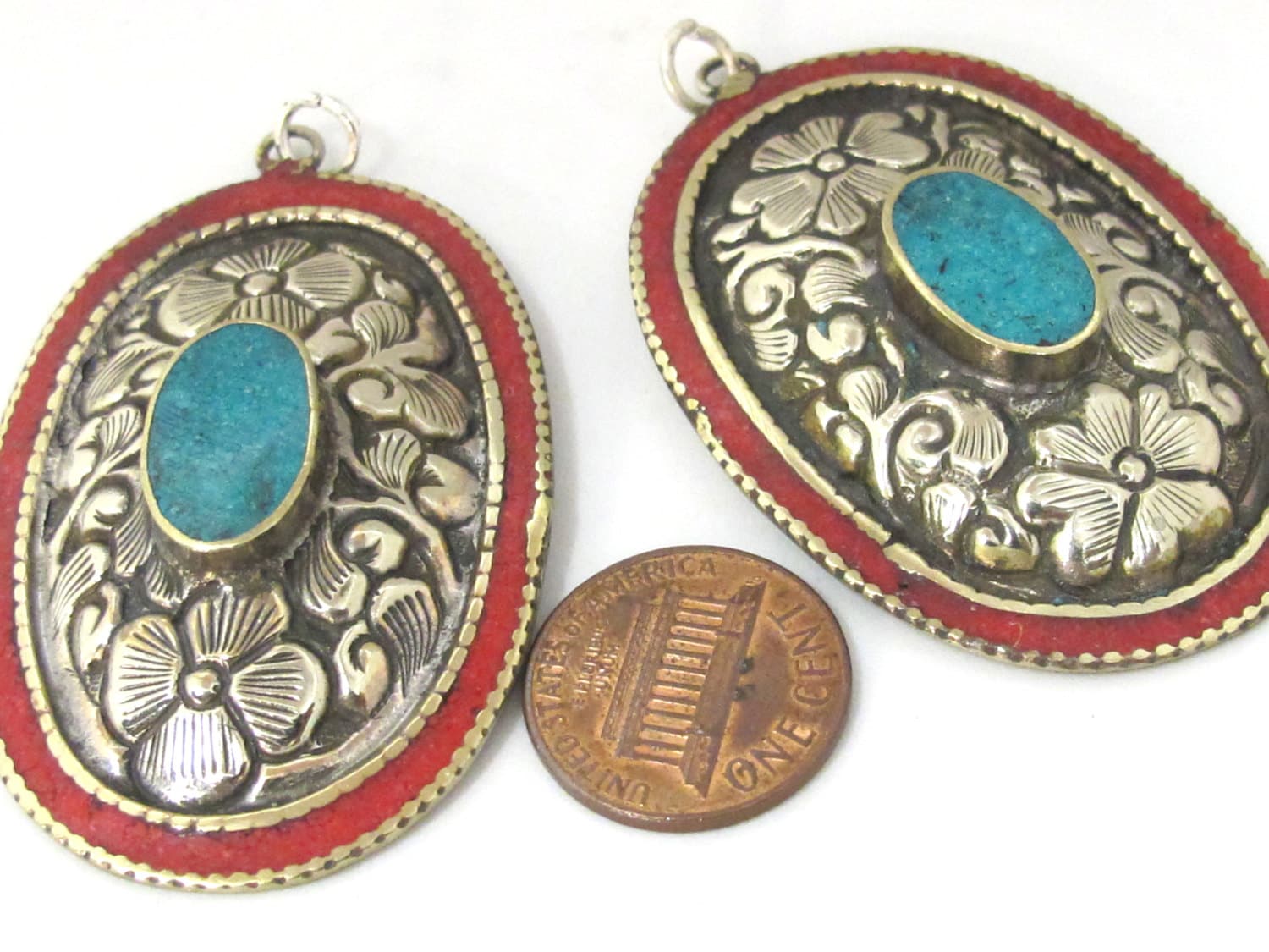 2 pieces - Large oval disc shape Tibetan silver flower carved charms with turquoise coral inlay- PM493C