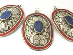2 pieces - Large oval disc shape Tibetan silver flower carved charms with lapis coral inlay- PM493D