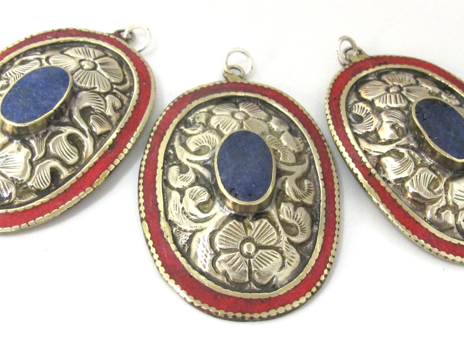 2 pieces - Large oval disc shape Tibetan silver flower carved charms with lapis coral inlay- PM493D