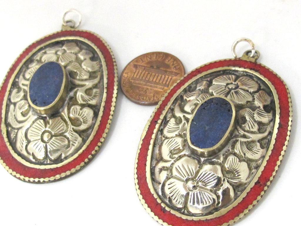 2 pieces - Large oval disc shape Tibetan silver flower carved charms with lapis coral inlay- PM493D
