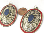 2 pieces - Large oval disc shape Tibetan silver flower carved charms with lapis coral inlay- PM493D