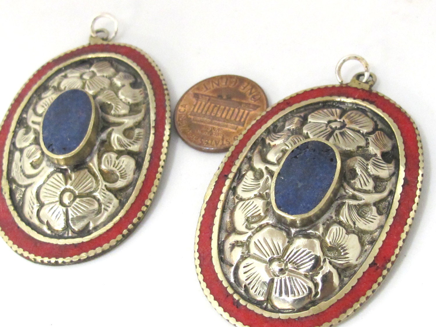 2 pieces - Large oval disc shape Tibetan silver flower carved charms with lapis coral inlay- PM493D