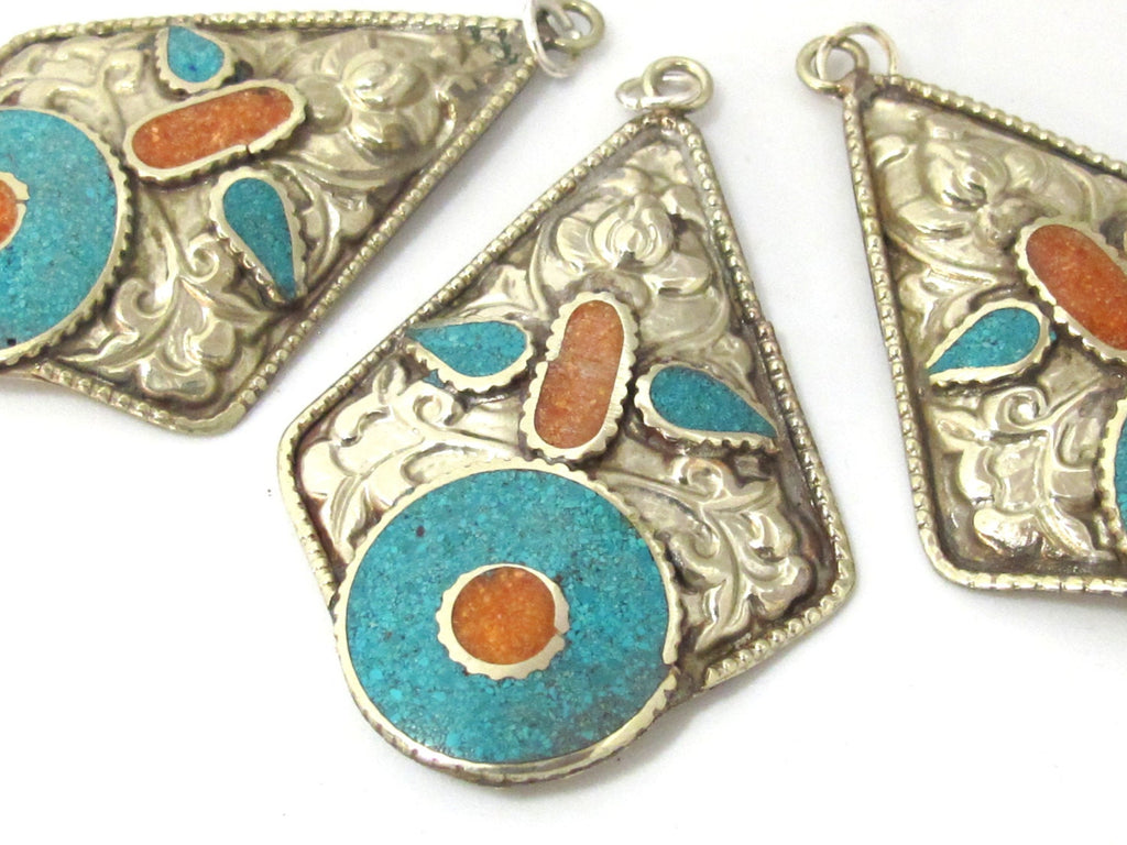 2 pendants - Large light weight Kite shape Tibetan silver lotus flower carved repousse charms dangle disc with turquoise coral inlay- PM494A