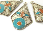 2 pendants - Large light weight Kite shape Tibetan silver lotus flower carved repousse charms dangle disc with turquoise coral inlay- PM494A