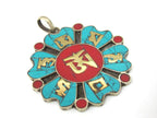Tibetan Om lotus flower Dharma wheel design brass pendant with turquoise inlay - PM496