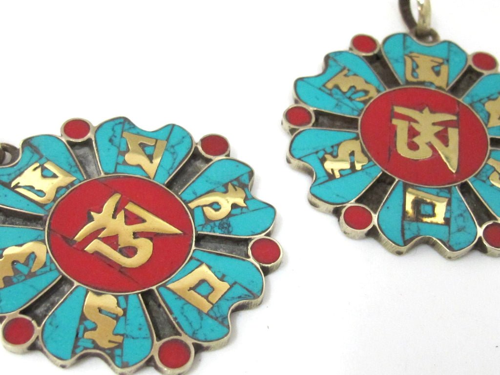 Tibetan Om lotus flower Dharma wheel design brass pendant with turquoise inlay - PM496