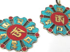 Tibetan Om lotus flower Dharma wheel design brass pendant with turquoise inlay - PM496