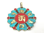 Tibetan Om lotus flower Dharma wheel design brass pendant with turquoise inlay - PM496