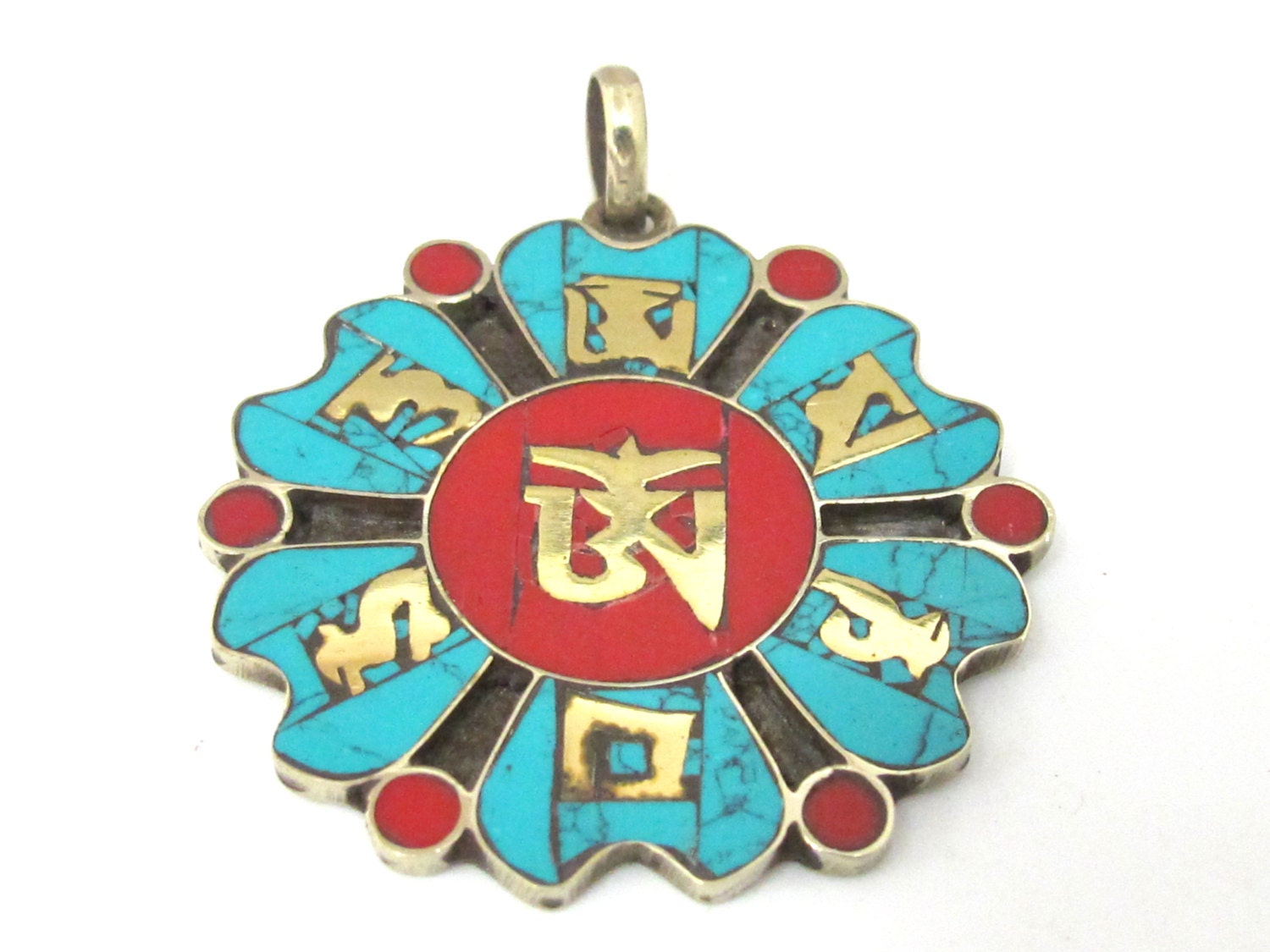 Tibetan Om lotus flower Dharma wheel design brass pendant with turquoise inlay - PM496