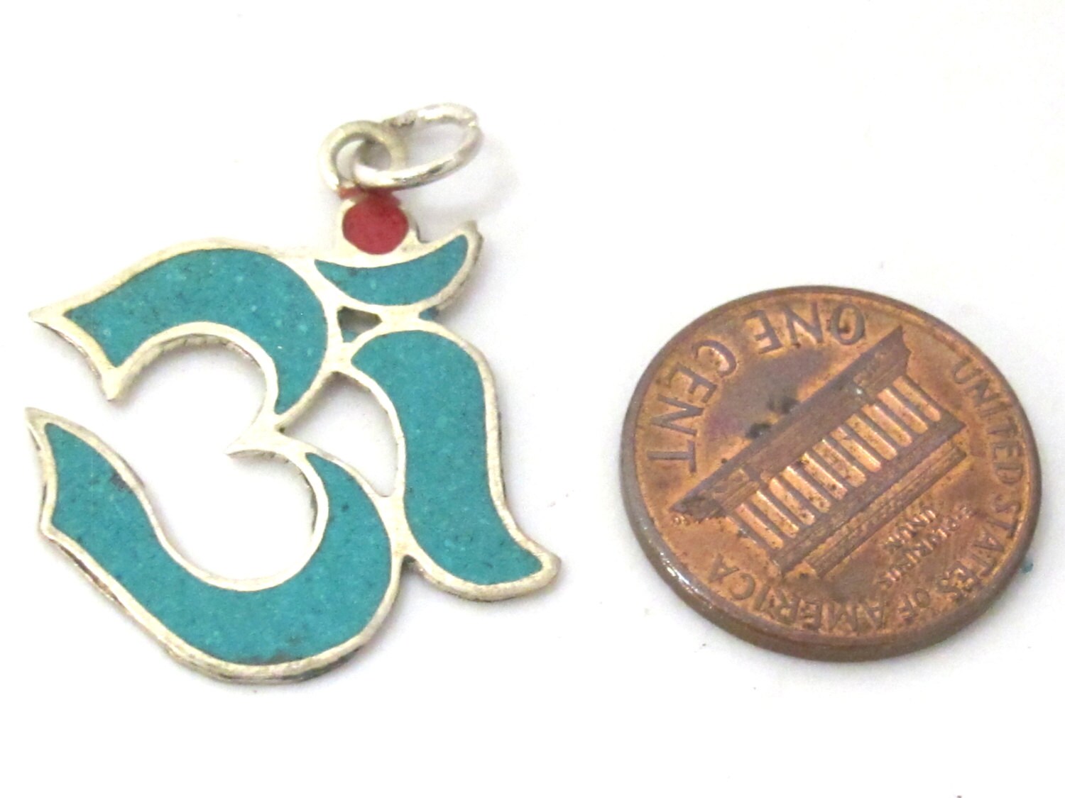 Small size thin light weight Sanskrit Om charms with turquoise inlay - Nepal amulet Tibetan charm PM497D