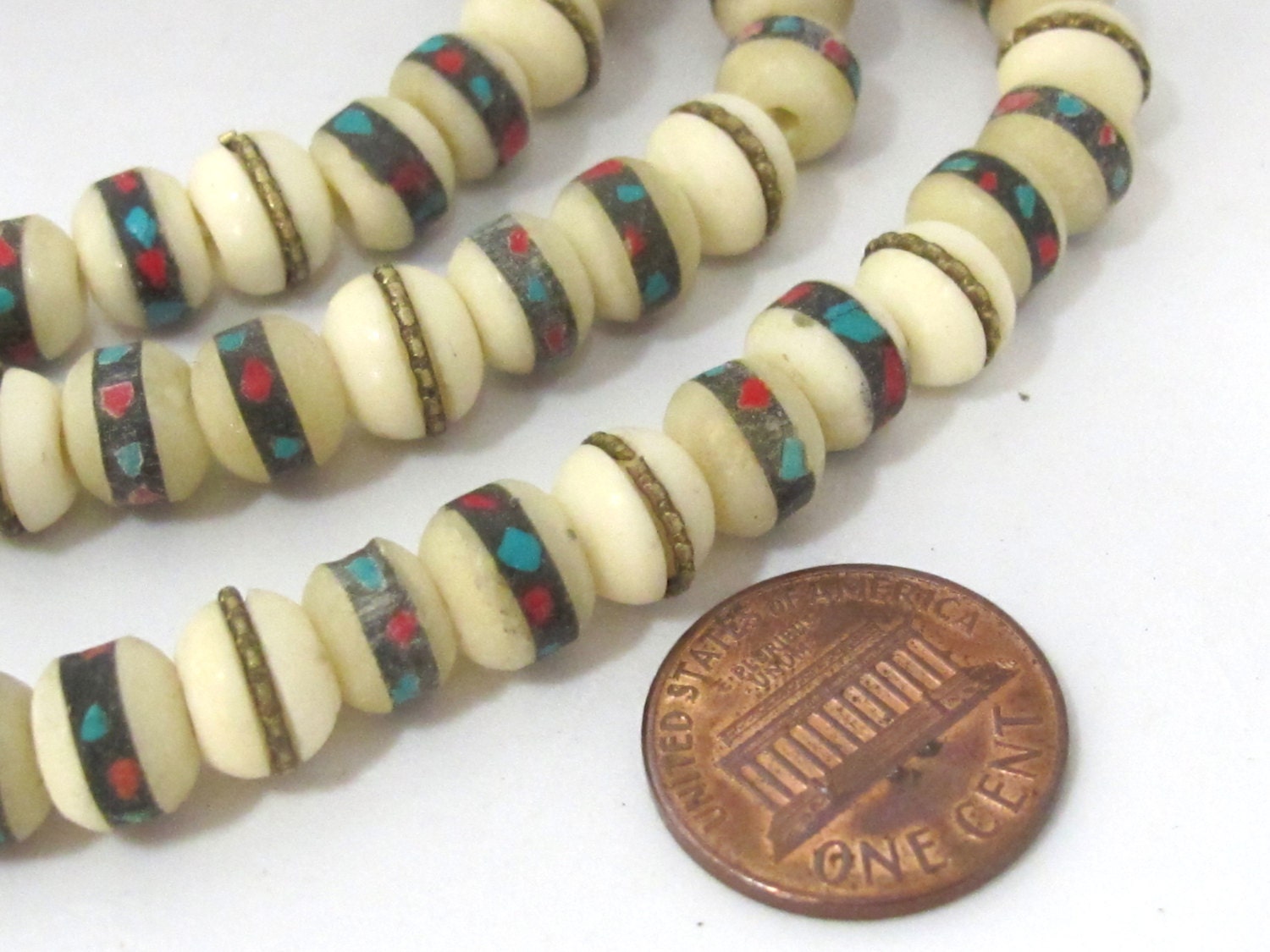 108 beads - 8 mm Tibetan white color recycled cattle bone mala turquoise brass inlay beads and Guru bead supply - ML070A